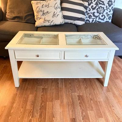 LOT 217: White 2-Drawer Glass Top Coffee Table