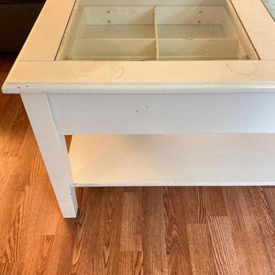 LOT 217: White 2-Drawer Glass Top Coffee Table