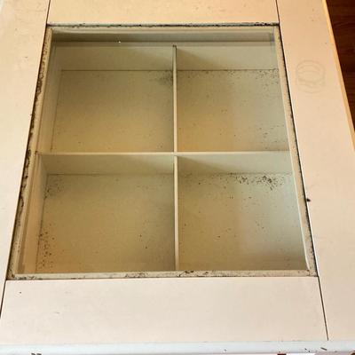LOT 217: White 2-Drawer Glass Top Coffee Table