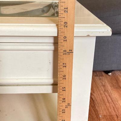 LOT 217: White 2-Drawer Glass Top Coffee Table