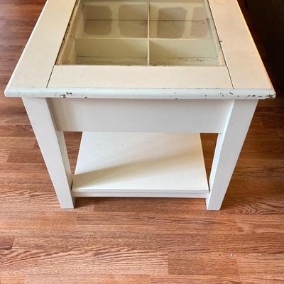 LOT 217: White 2-Drawer Glass Top Coffee Table