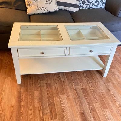 LOT 217: White 2-Drawer Glass Top Coffee Table