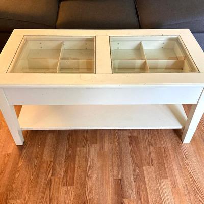 LOT 217: White 2-Drawer Glass Top Coffee Table