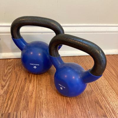 LOT 218: Fitness / Yoga Equipment Collection - Weighted Bars, Kettlebells, Philosophy Step Platform, Weighted Bar Workout Poster and More