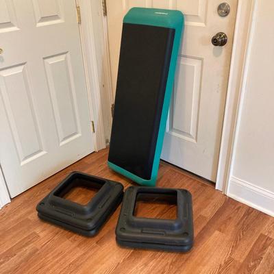 LOT 218: Fitness / Yoga Equipment Collection - Weighted Bars, Kettlebells, Philosophy Step Platform, Weighted Bar Workout Poster and More