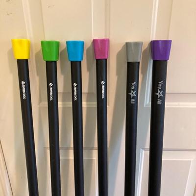 LOT 218: Fitness / Yoga Equipment Collection - Weighted Bars, Kettlebells, Philosophy Step Platform, Weighted Bar Workout Poster and More