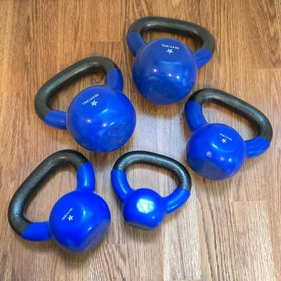 LOT 218: Fitness / Yoga Equipment Collection - Weighted Bars, Kettlebells, Philosophy Step Platform, Weighted Bar Workout Poster and More