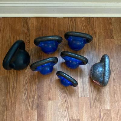 LOT 218: Fitness / Yoga Equipment Collection - Weighted Bars, Kettlebells, Philosophy Step Platform, Weighted Bar Workout Poster and More