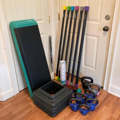LOT 218: Fitness / Yoga Equipment Collection - Weighted Bars, Kettlebells, Philosophy Step Platform, Weighted Bar Workout Poster and More
