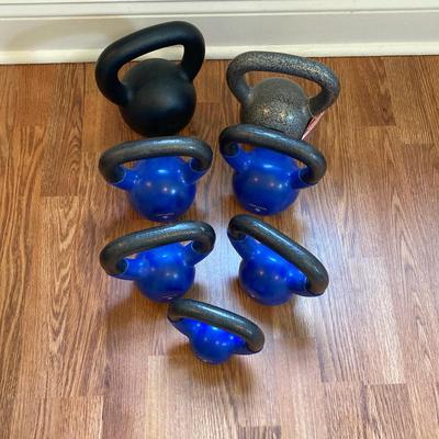 LOT 218: Fitness / Yoga Equipment Collection - Weighted Bars, Kettlebells, Philosophy Step Platform, Weighted Bar Workout Poster and More