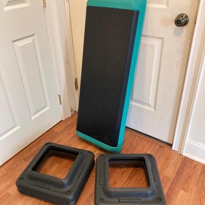 LOT 218: Fitness / Yoga Equipment Collection - Weighted Bars, Kettlebells, Philosophy Step Platform, Weighted Bar Workout Poster and More