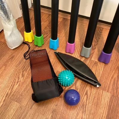 LOT 218: Fitness / Yoga Equipment Collection - Weighted Bars, Kettlebells, Philosophy Step Platform, Weighted Bar Workout Poster and More