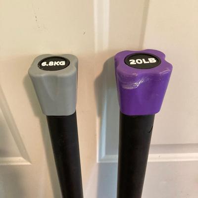 LOT 218: Fitness / Yoga Equipment Collection - Weighted Bars, Kettlebells, Philosophy Step Platform, Weighted Bar Workout Poster and More