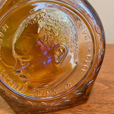 LOT 224: Tri-Fold Drop Leaf Wooden Accent Table with Wheaton Glass Martin Luther King and 1972 Republican Decorative Collectible Bottles