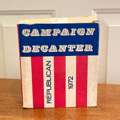 LOT 224: Tri-Fold Drop Leaf Wooden Accent Table with Wheaton Glass Martin Luther King and 1972 Republican Decorative Collectible Bottles