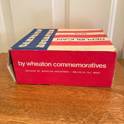 LOT 224: Tri-Fold Drop Leaf Wooden Accent Table with Wheaton Glass Martin Luther King and 1972 Republican Decorative Collectible Bottles