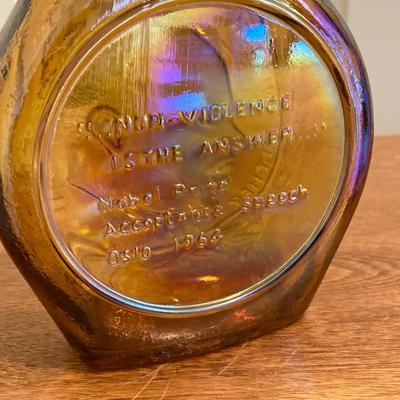 LOT 224: Tri-Fold Drop Leaf Wooden Accent Table with Wheaton Glass Martin Luther King and 1972 Republican Decorative Collectible Bottles