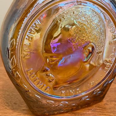 LOT 224: Tri-Fold Drop Leaf Wooden Accent Table with Wheaton Glass Martin Luther King and 1972 Republican Decorative Collectible Bottles