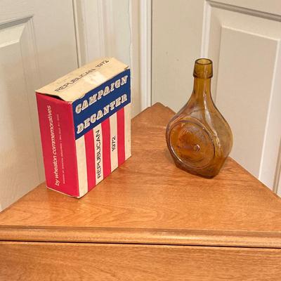 LOT 224: Tri-Fold Drop Leaf Wooden Accent Table with Wheaton Glass Martin Luther King and 1972 Republican Decorative Collectible Bottles