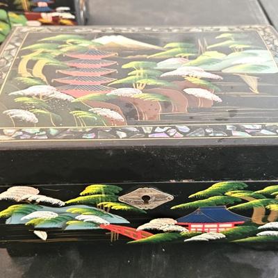 4 Vintage Japanese Black Lacquer Jewelry/Music Box