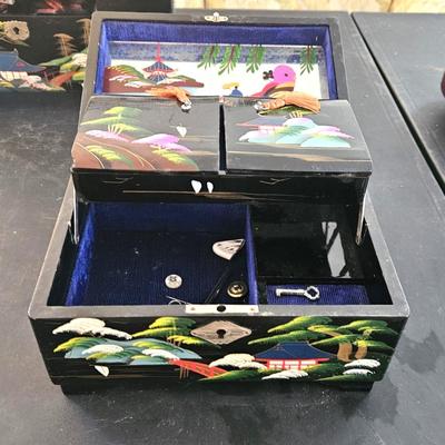 4 Vintage Japanese Black Lacquer Jewelry/Music Box