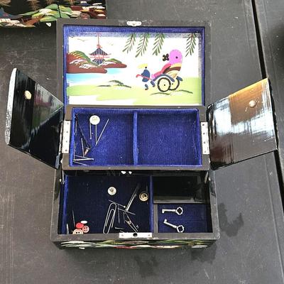 4 Vintage Japanese Black Lacquer Jewelry/Music Box