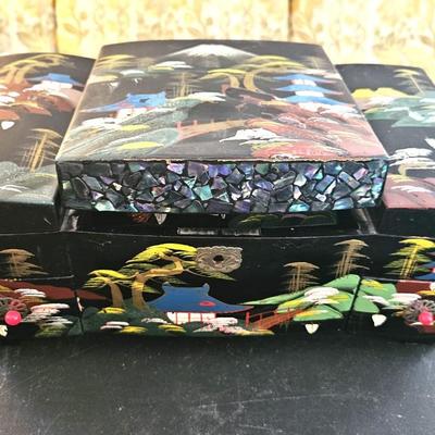 4 Vintage Japanese Black Lacquer Jewelry/Music Box