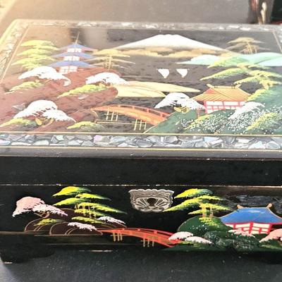 4 Vintage Japanese Black Lacquer Jewelry/Music Box
