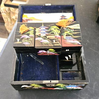 4 Vintage Japanese Black Lacquer Jewelry/Music Box