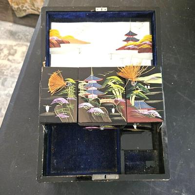 4 Vintage Japanese Black Lacquer Jewelry/Music Box