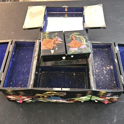 4 Vintage Japanese Black Lacquer Jewelry/Music Box