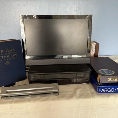 Vizio and Panasonic Electronics w/board games, dictionary, 3 hole punch