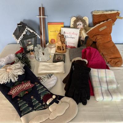Winter wear gloves/scarves, 2 Christmas stockings, wood carving sculpture, glass nativity set