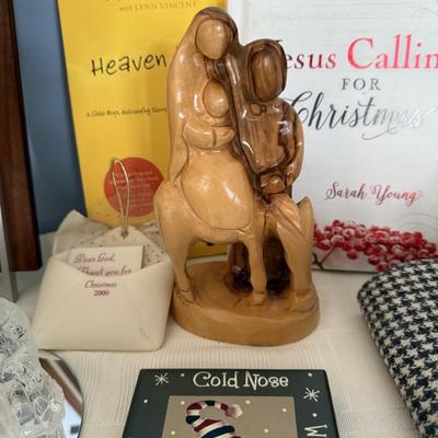 Winter wear gloves/scarves, 2 Christmas stockings, wood carving sculpture, glass nativity set