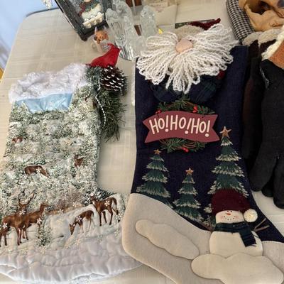 Winter wear gloves/scarves, 2 Christmas stockings, wood carving sculpture, glass nativity set