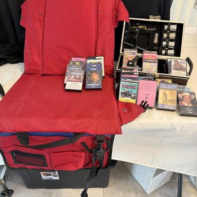 Stadium chair, cassettes, shot cups