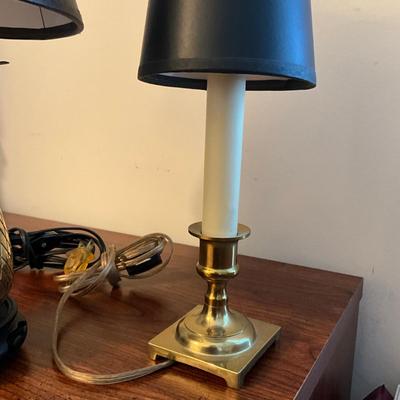 751 Pair of Two Small Brass & Black Shade Table Lamps