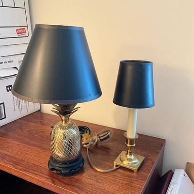 751 Pair of Two Small Brass & Black Shade Table Lamps