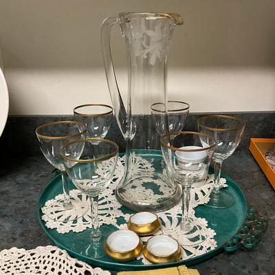 777 Lot of Six Crystal Wine With Etched Pitcher And Tray