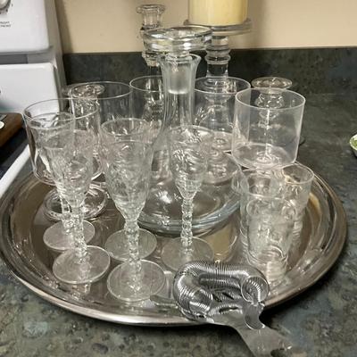 781 Crystal Decanter With Cordials & Candlesticks