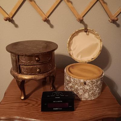 2 SMALLER JEWELRY BOXES AND AN ALARM CLOCK