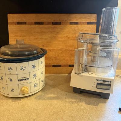 Crockpot, food processor and wooden cutting board