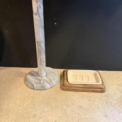 Soap dishes, marble paper towel holder and leaf dish