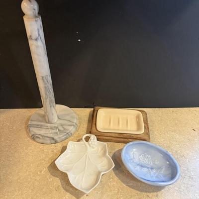 Soap dishes, marble paper towel holder and leaf dish