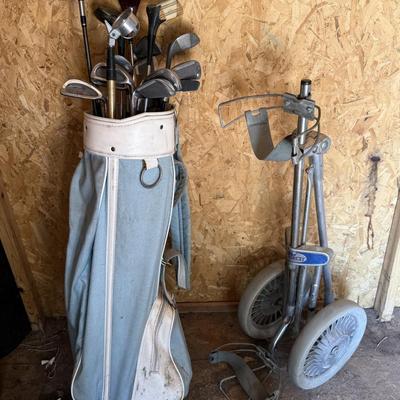 Golf clubs, bag, and more