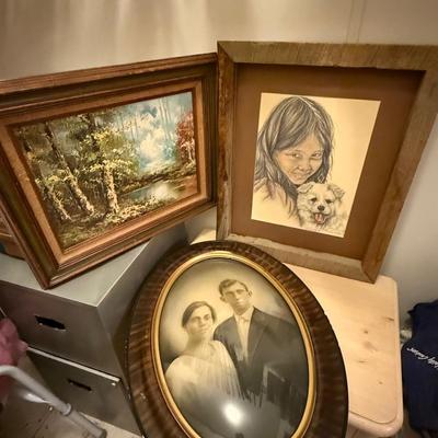 Oil painting, Eskimo girl sketch and antique photo in oval frame