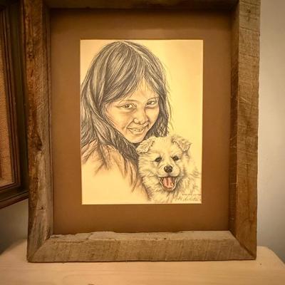 Oil painting, Eskimo girl sketch and antique photo in oval frame