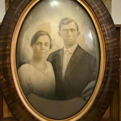 Oil painting, Eskimo girl sketch and antique photo in oval frame