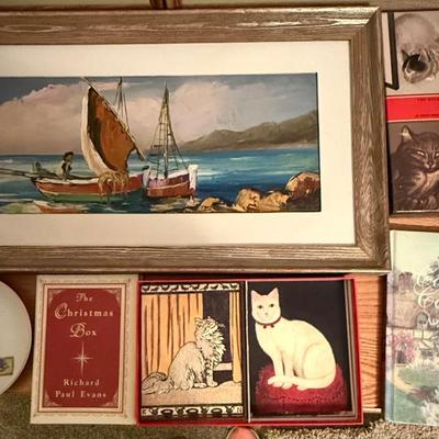 Oil Painting of Boat and other Wall Art plus some books