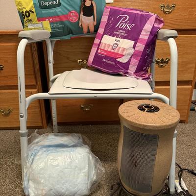 Adult diapers, electric heater and toilet raised chair